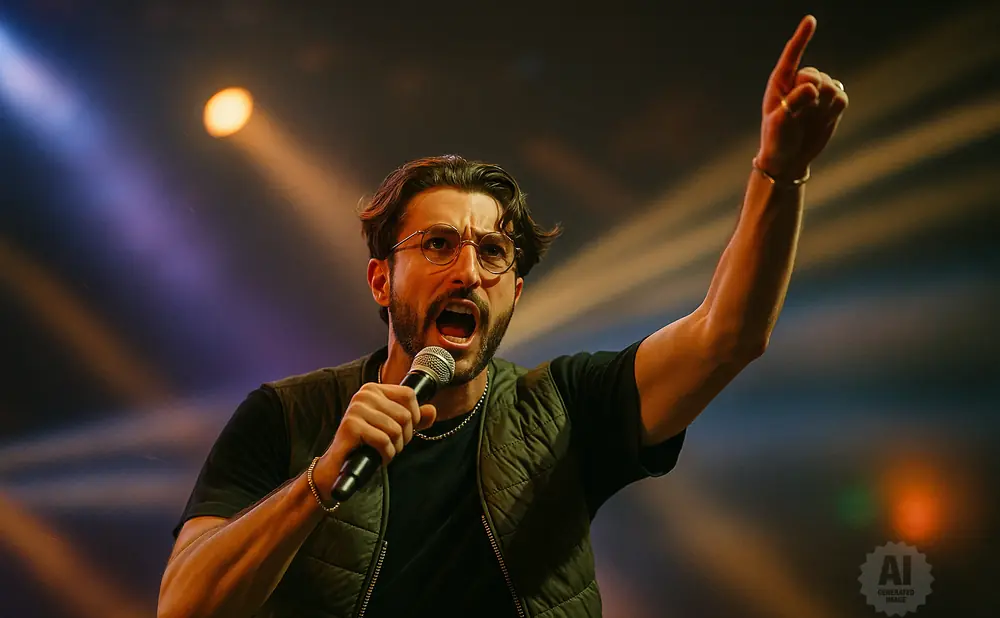 A man in glasses and a vest sings into a microphone with his arm raised, pointing his finger upwards.