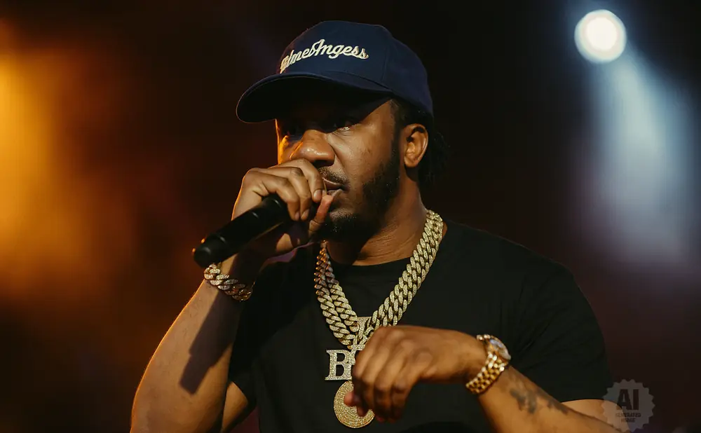 A man in a black t-shirt and navy baseball cap performs on stage, holding a microphone.