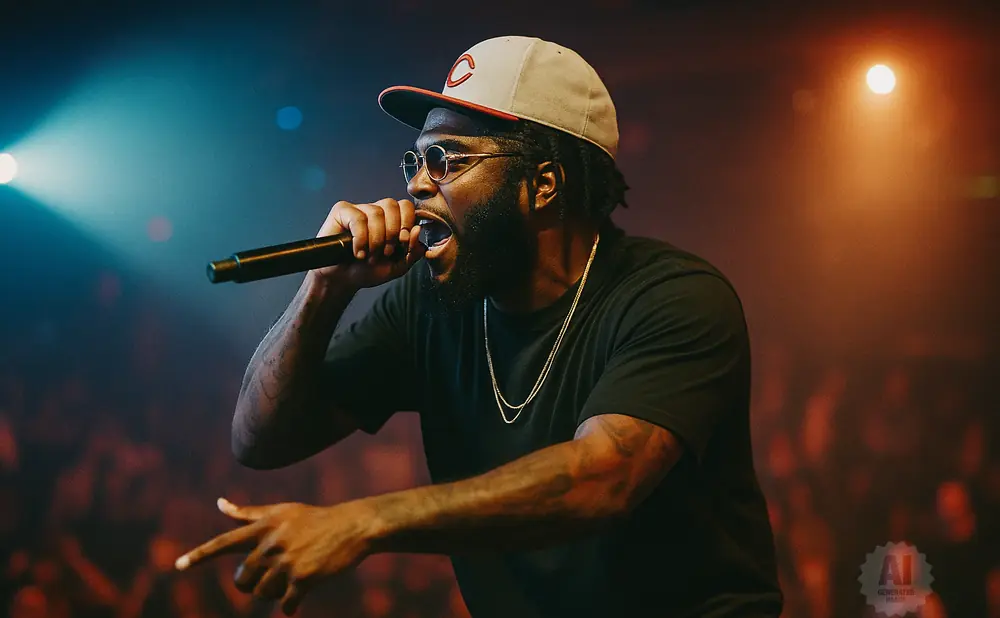 A male rapper in a black t-shirt and baseball cap performs into a microphone on stage, lit by blue and orange spotlights.