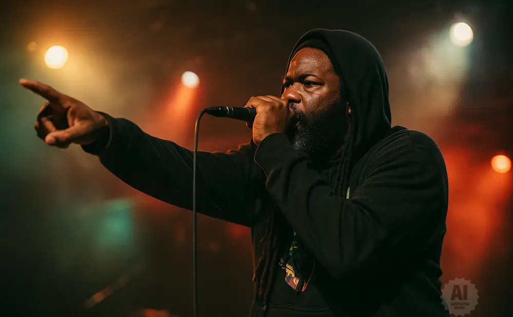 A man with dreadlocks in a black hoodie points forward while rapping into a microphone on a dimly lit stage.