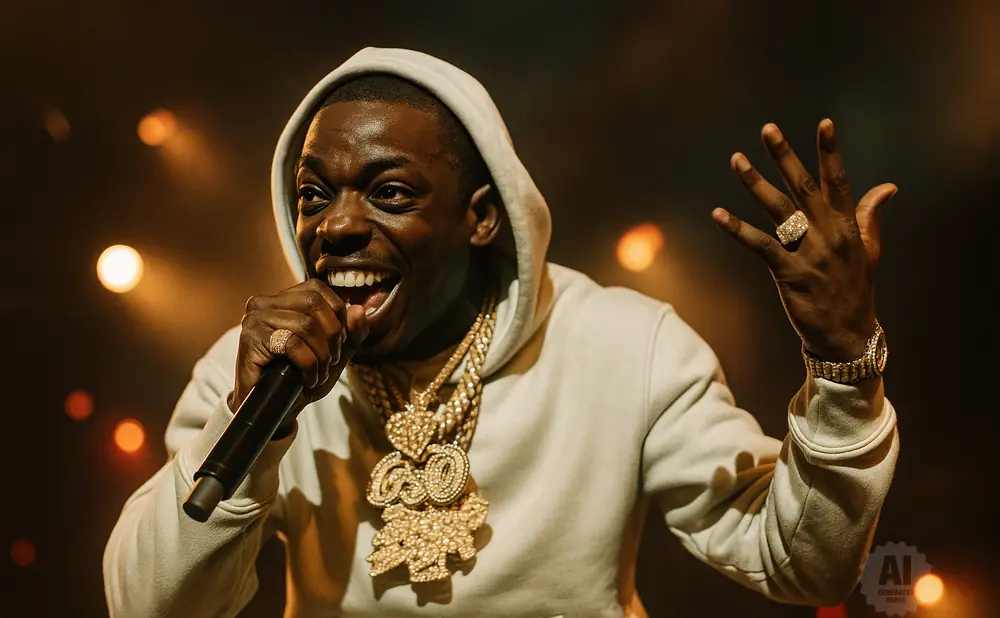 Rapper Bobby Shmurda on stage, wearing a hoodie and diamond chains, holding a microphone and gesturing.