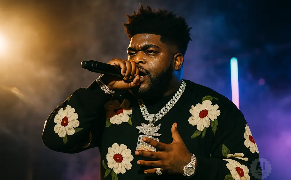 Rapper holding microphone, wearing a floral sweatshirt and diamond chains.