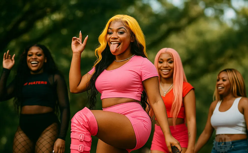 A woman with blonde hair in a pink outfit sticks her tongue out, with three other women in the background.