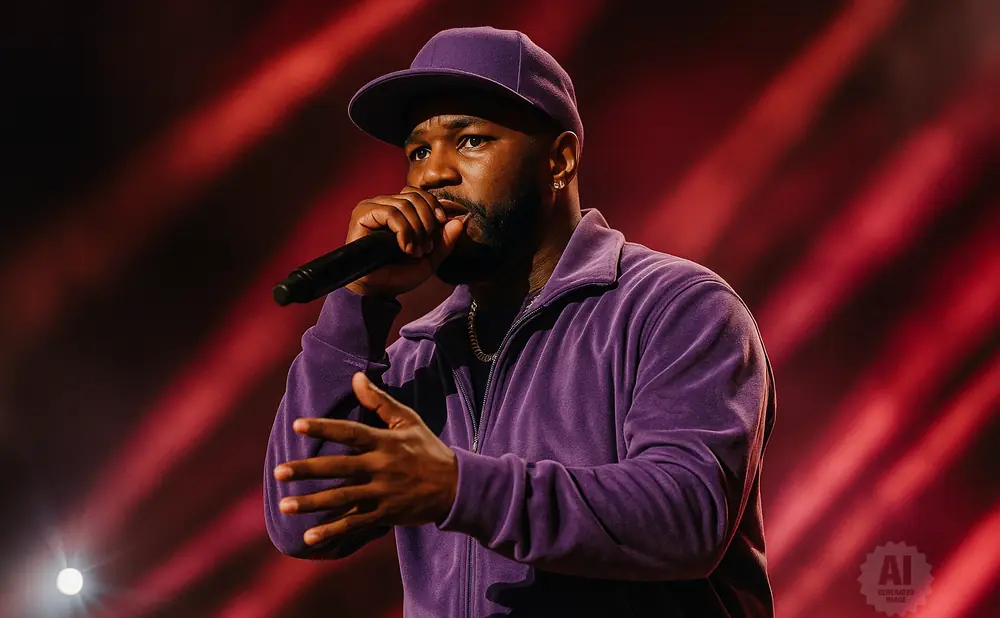 A man wearing a purple track jacket and hat, holding a microphone and performing on stage with red lighting.