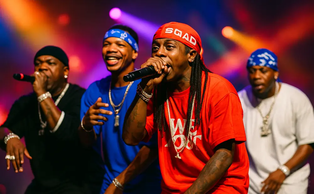 Four men performing on stage, three wearing bandanas, one with a red bandana and red shirt.