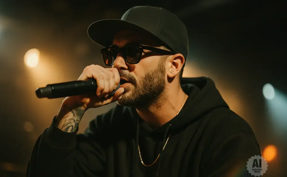 Man in a black baseball cap and sunglasses holds a microphone to his mouth, rapping on stage with stage lights behind him.