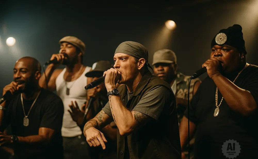 Five men with microphones perform on stage, illuminated by spotlights.