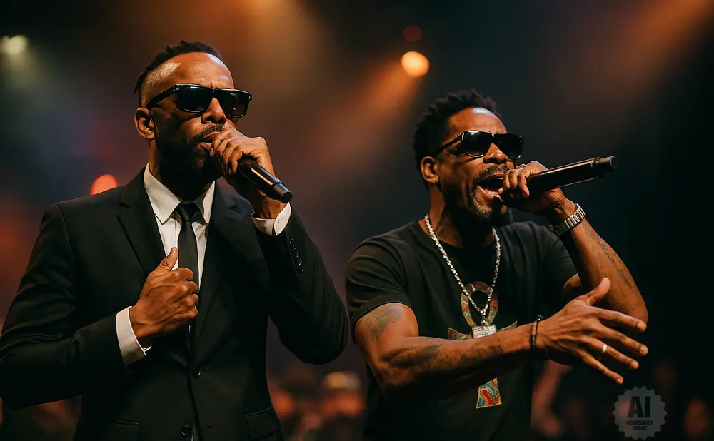 Two men in sunglasses performing on stage with microphones.