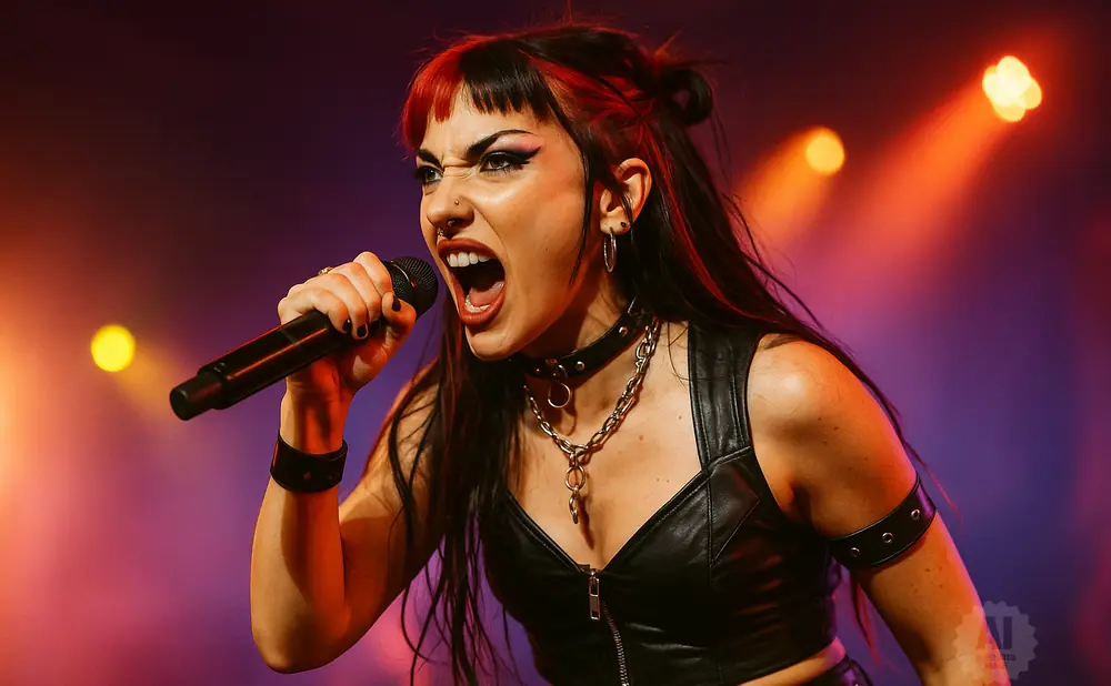 A woman with red-streaked hair sings into a microphone with her mouth wide open and eyes closed, wearing a black leather top and chain necklace.