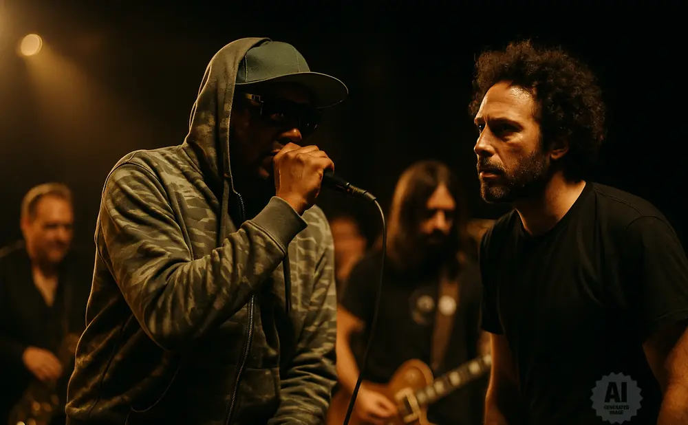 A rapper in a hoodie and cap performs into a microphone, with a guitarist and vocalist behind him.