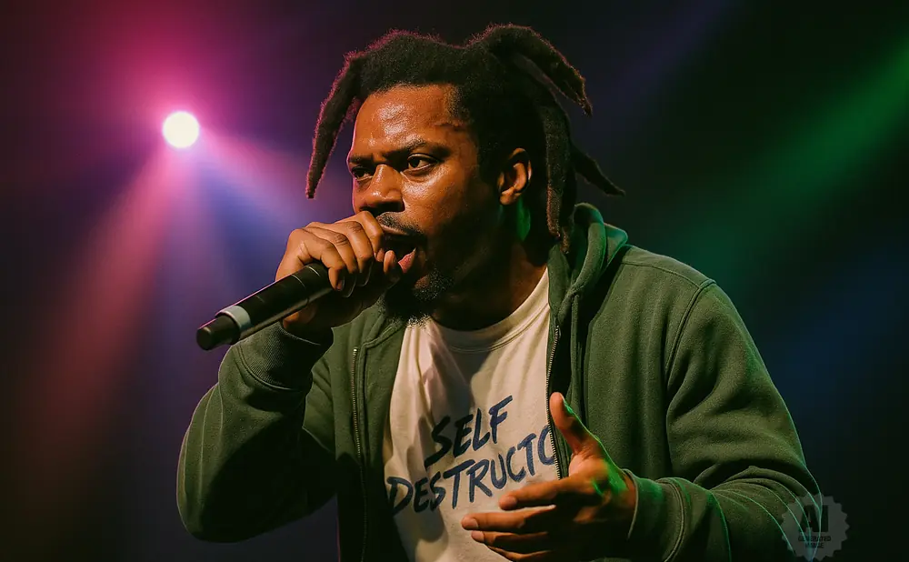 Rapper D.R.A.M. performs onstage with a microphone and wears a green hoodie over a t-shirt with 