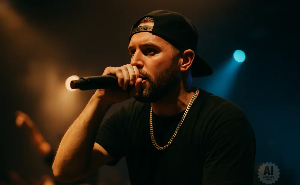 A man in a black t-shirt and baseball cap raps into a microphone on a dimly lit stage.