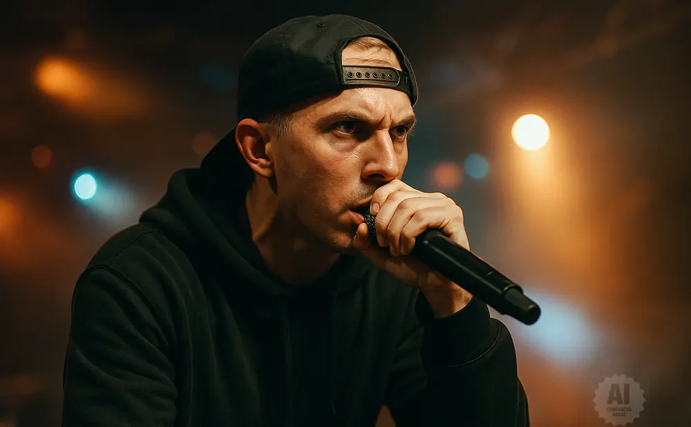A man in a black hoodie and baseball cap raps into a microphone on a dimly lit stage.