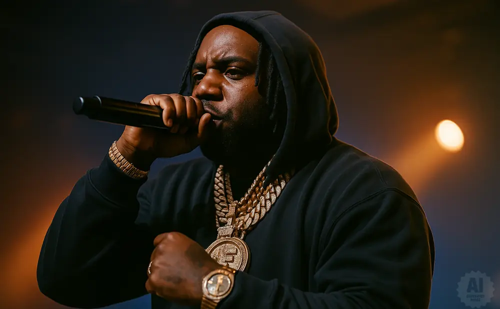 Rapper wearing a black hoodie and chains, holding a microphone and performing.