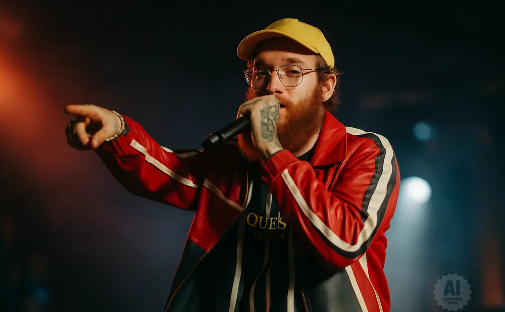 Man with red beard, glasses, and yellow cap sings into a microphone, wearing a red, white, and blue jacket.