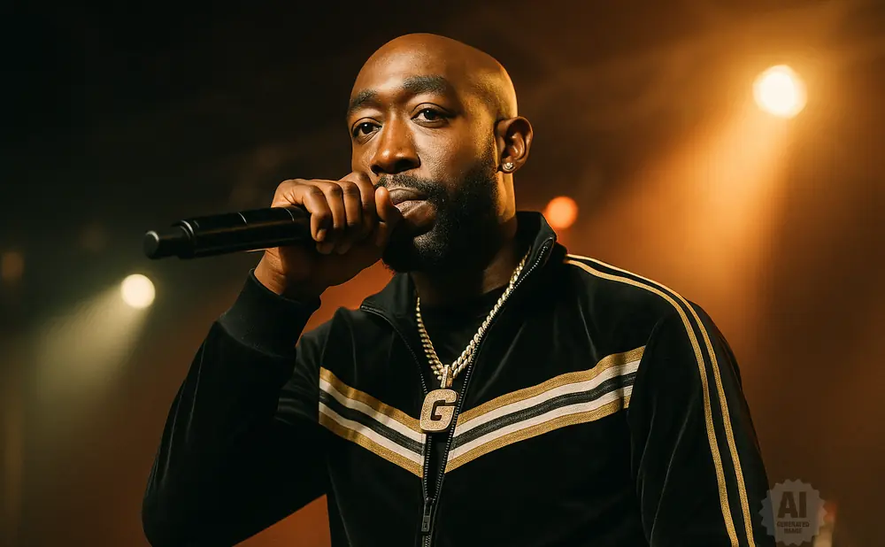 A bald Black man with a beard holds a microphone, wearing a black track jacket with gold and white stripes and a gold chain with a 