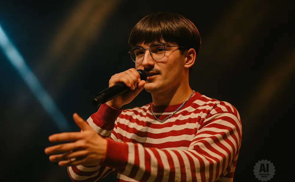 A man with glasses and a mustache sings into a microphone, wearing a red and white striped sweater.