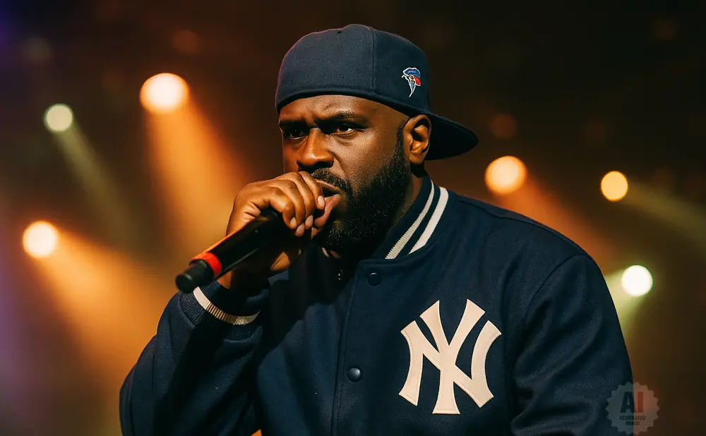 A rapper in a New York Yankees jacket and baseball cap, holding a microphone to his mouth.