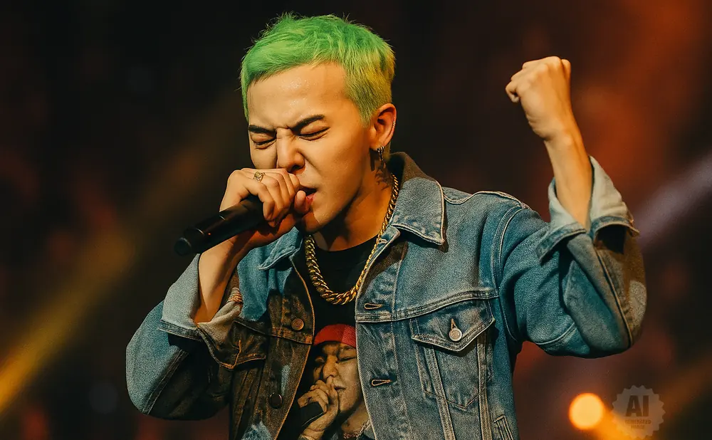 Rapper with green hair in a denim jacket performs into a microphone, raising a fist.