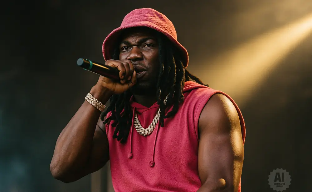 Rapper on stage wearing a pink bucket hat and sleeveless hoodie, holding a microphone and wearing a thick diamond chain and bracelet.