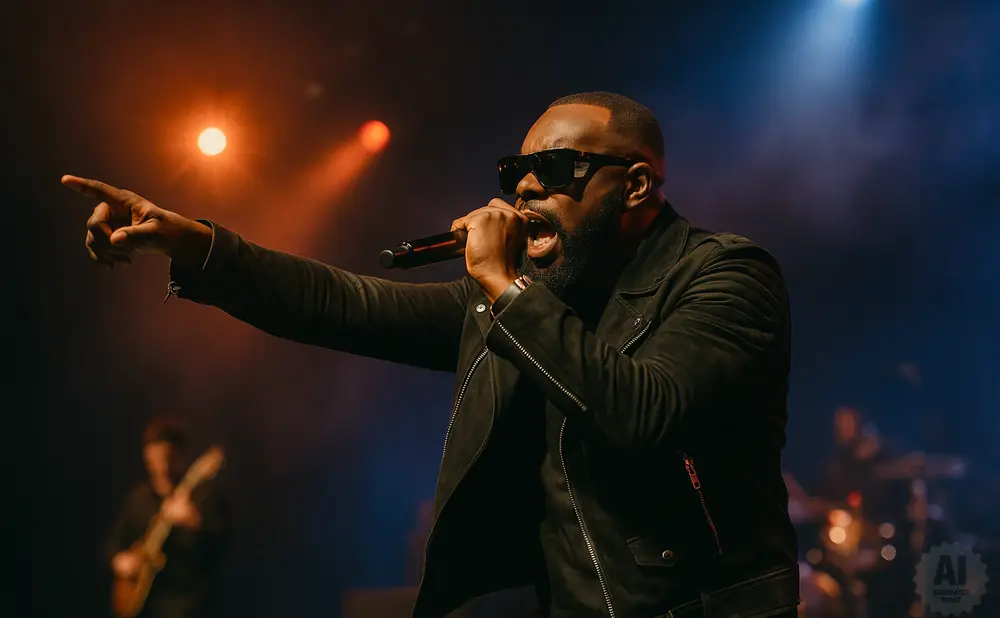 A Black man in sunglasses and a black jacket sings into a microphone, pointing with his left hand on a dimly lit stage.