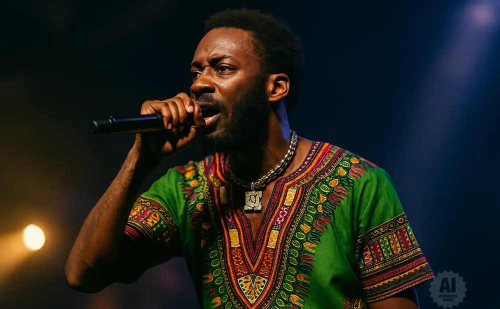 A Black man in a green dashiki sings into a microphone on a dark stage with blue and orange lighting.