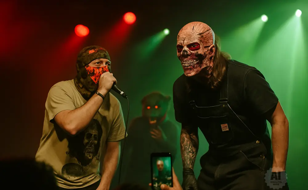 Two performers on stage, one in a skull mask, another in a camouflage mask holding a microphone.
