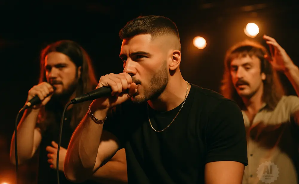 A man in a black t-shirt raps into a microphone on stage with two other men behind him.