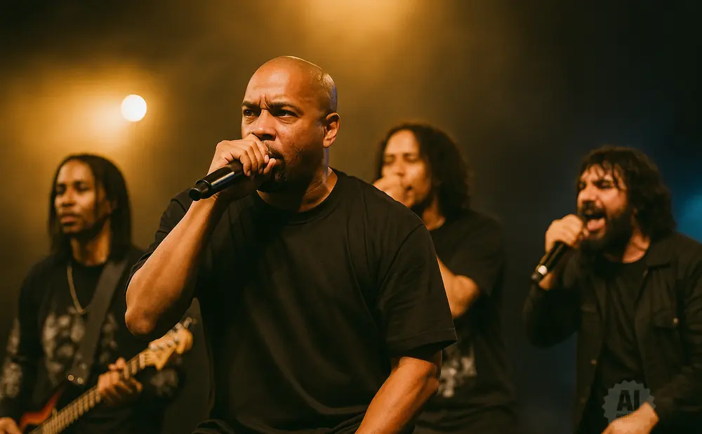 A bald man sings into a microphone while his bandmates play guitar and sing backup on stage.