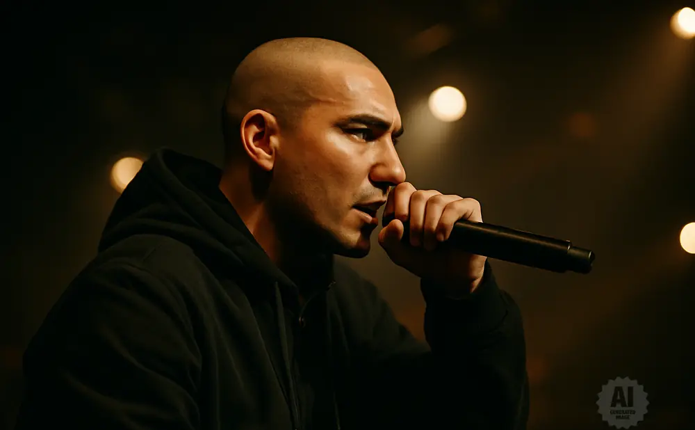 Man with a shaved head in a black hoodie holds a microphone to his mouth, performing under stage lights.