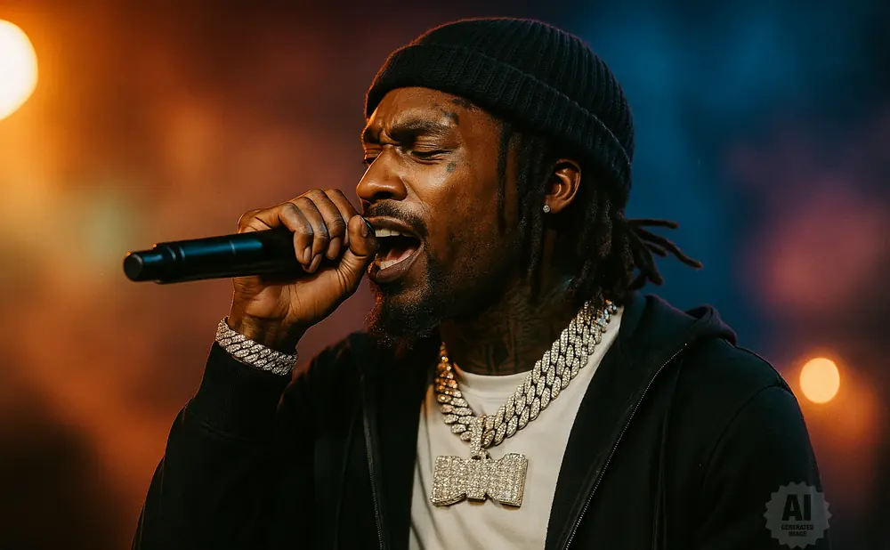 A rapper in a beanie and chains performs into a microphone, with warm stage lighting.