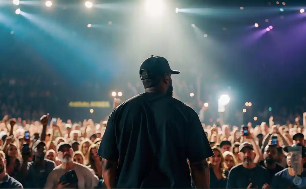 ice cube performing on stage with screen behind him