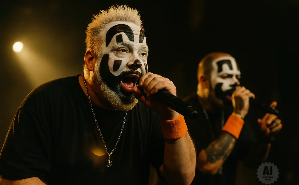 Two men with clown makeup performing on stage, one in focus singing into a microphone.