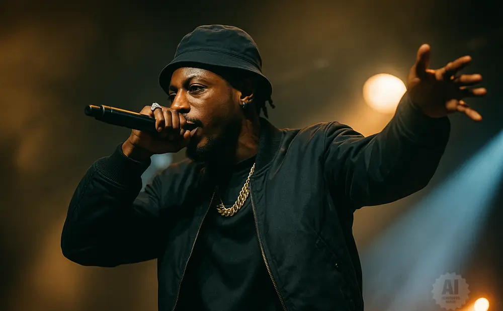 Rapper wearing a black bucket hat and bomber jacket, holding a microphone and gesturing with his hand.