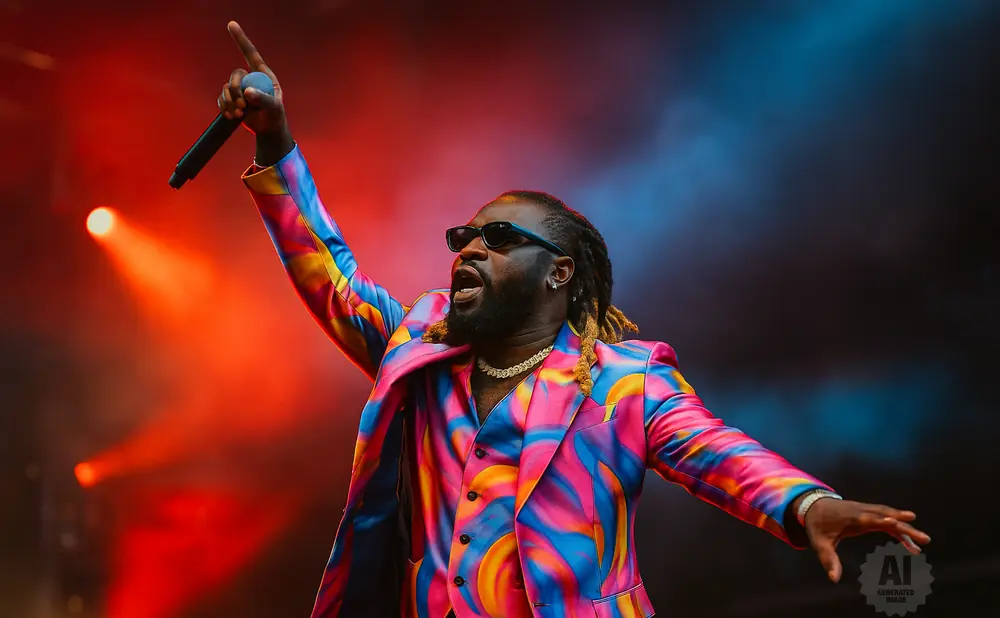 Performer wearing a colorful suit and sunglasses, holding a microphone, and pointing up.