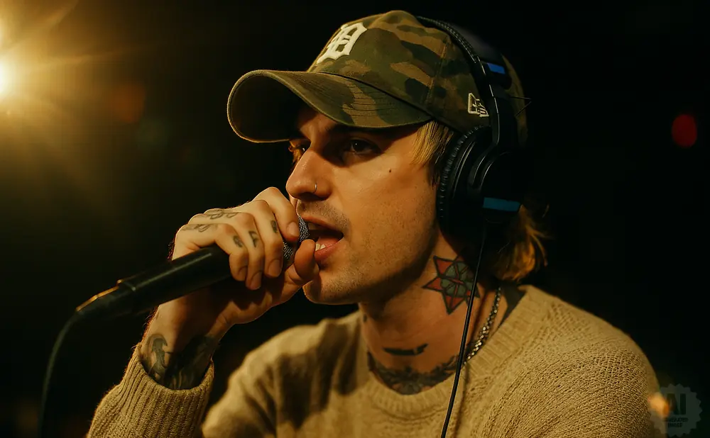 A man in a camouflage hat and headphones sings into a microphone, with tattoos visible on his hand and neck.