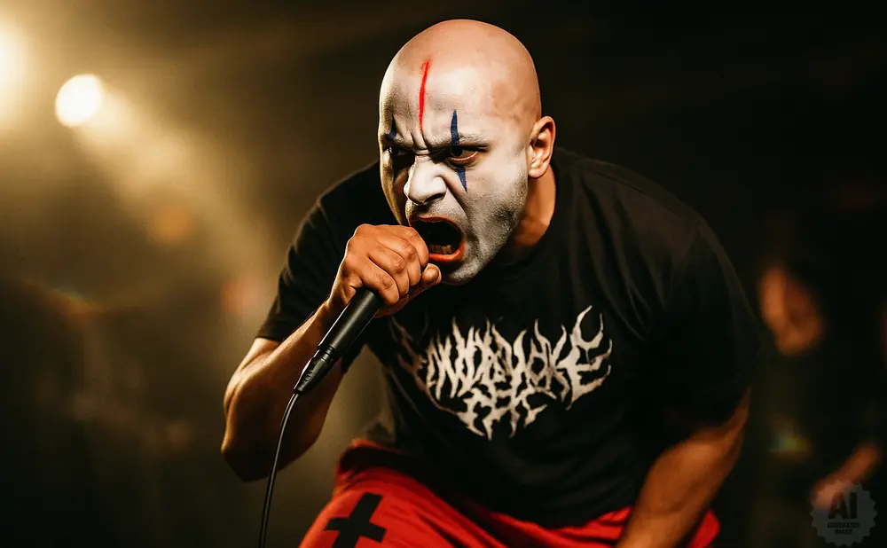 A bald man with face paint sings into a microphone on a dimly lit stage.