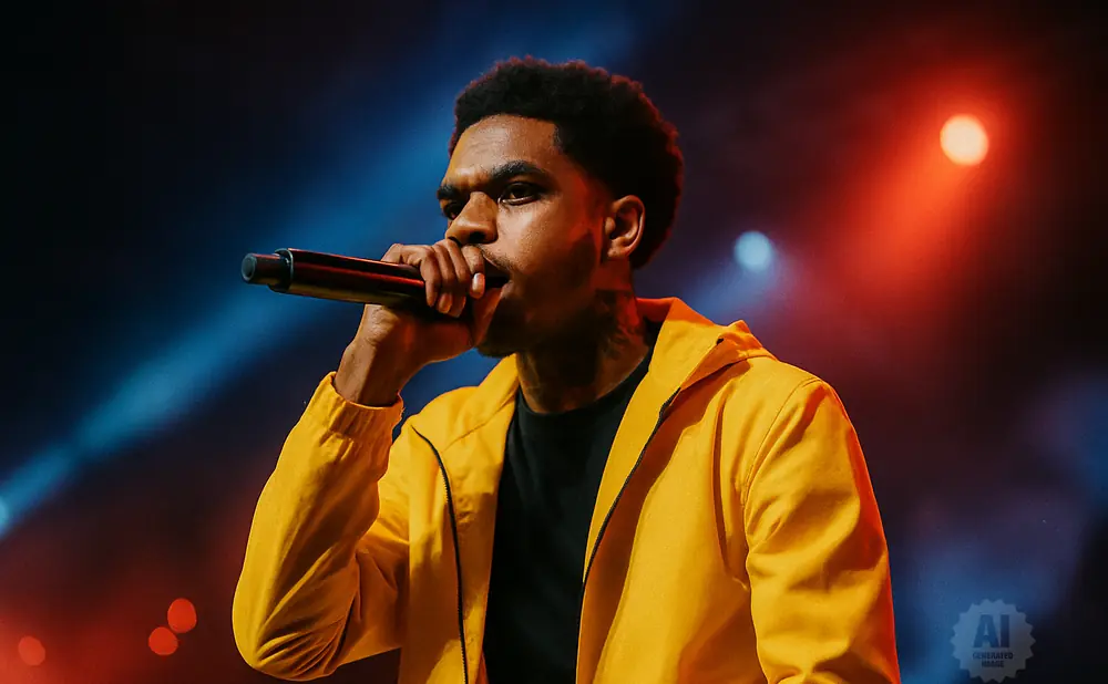 A rapper in a yellow jacket performs into a microphone under red and blue stage lights.