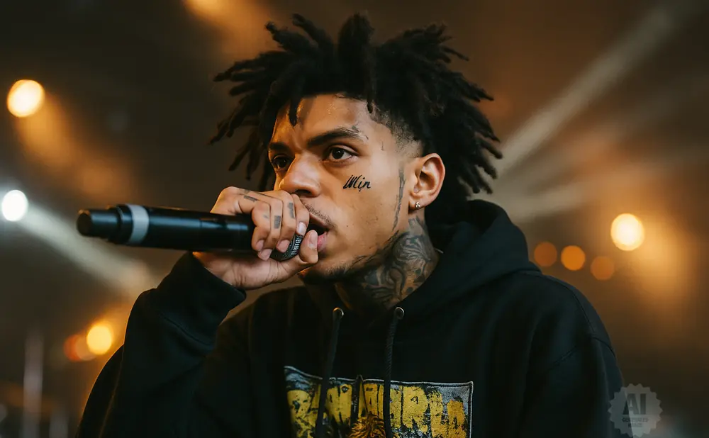 A rapper with dreadlocks and tattoos performs into a microphone on stage, illuminated by warm stage lights.