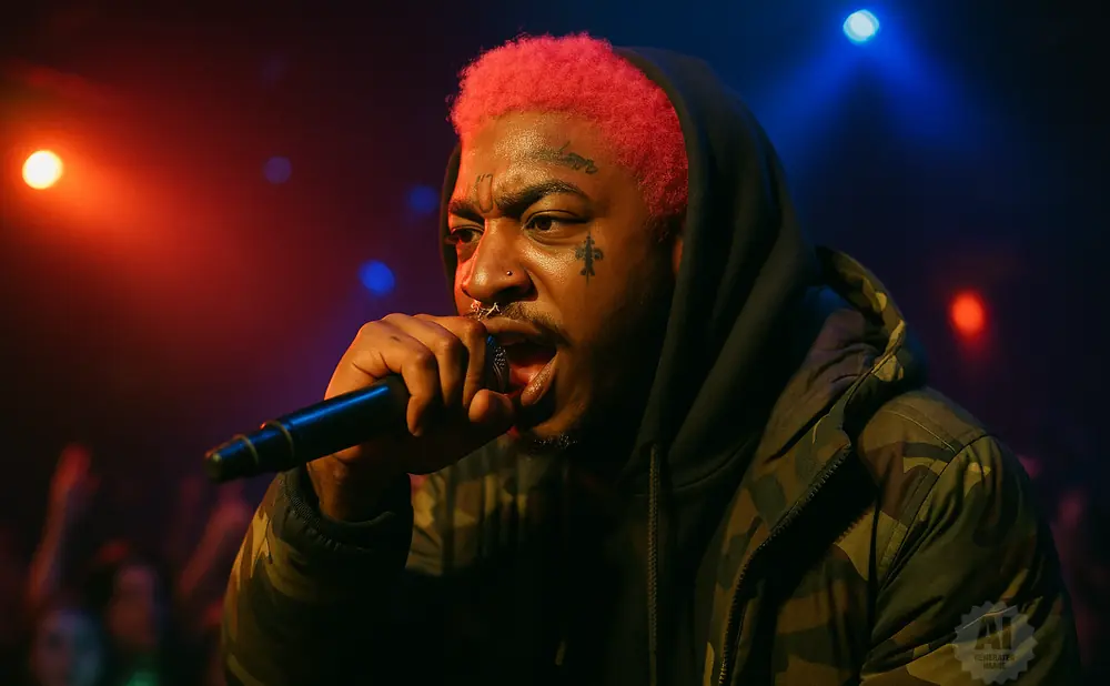 A rapper with bright pink hair and face tattoos performs into a microphone on a dimly lit stage.