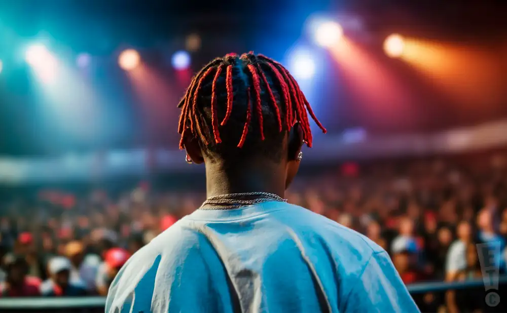 a rear view photo of lil yachty performing a concert on stage to a lively audience