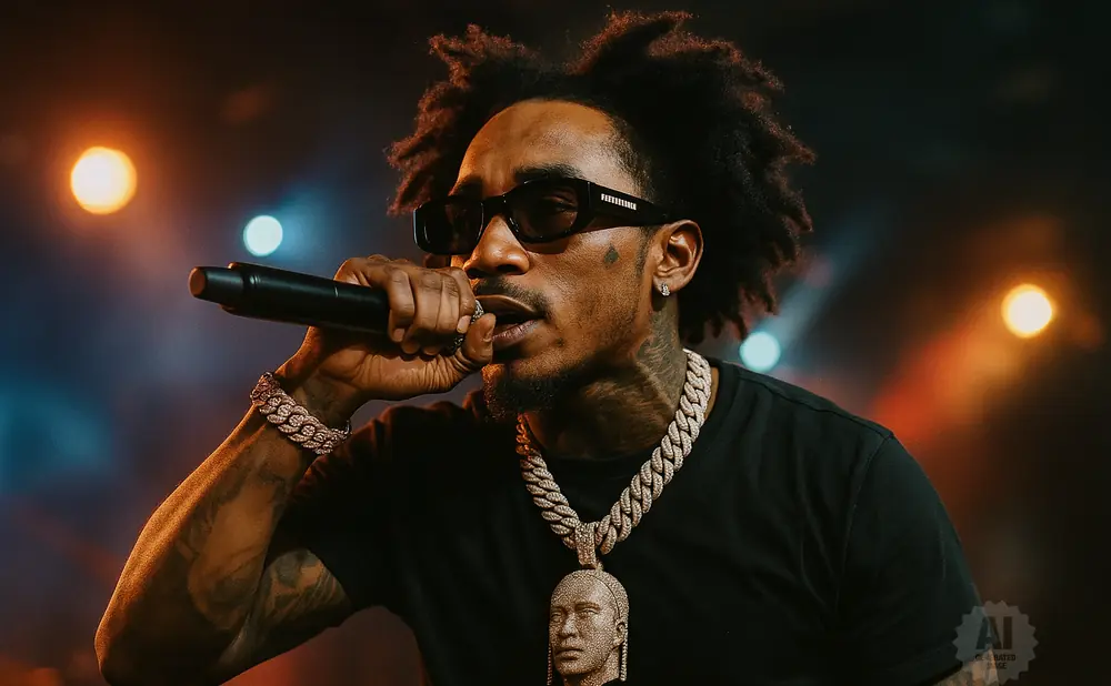 Rapper in sunglasses and chains holding a microphone on stage