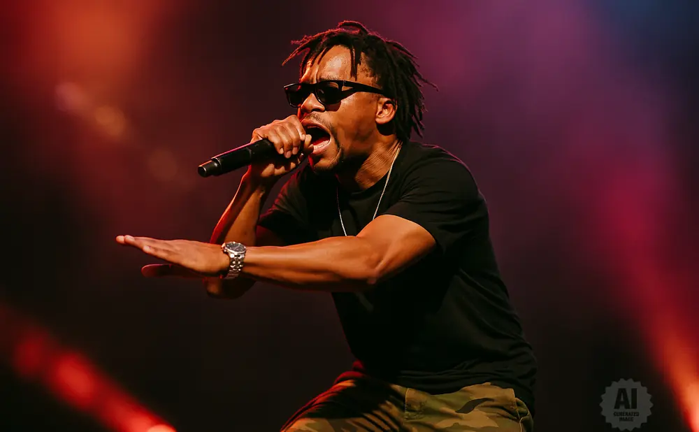 A male rapper performs on stage, wearing sunglasses and holding a microphone.
