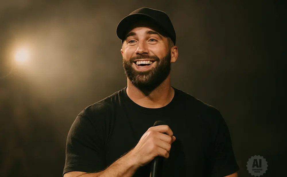 A man in a black t-shirt and baseball cap smiles while holding a microphone.