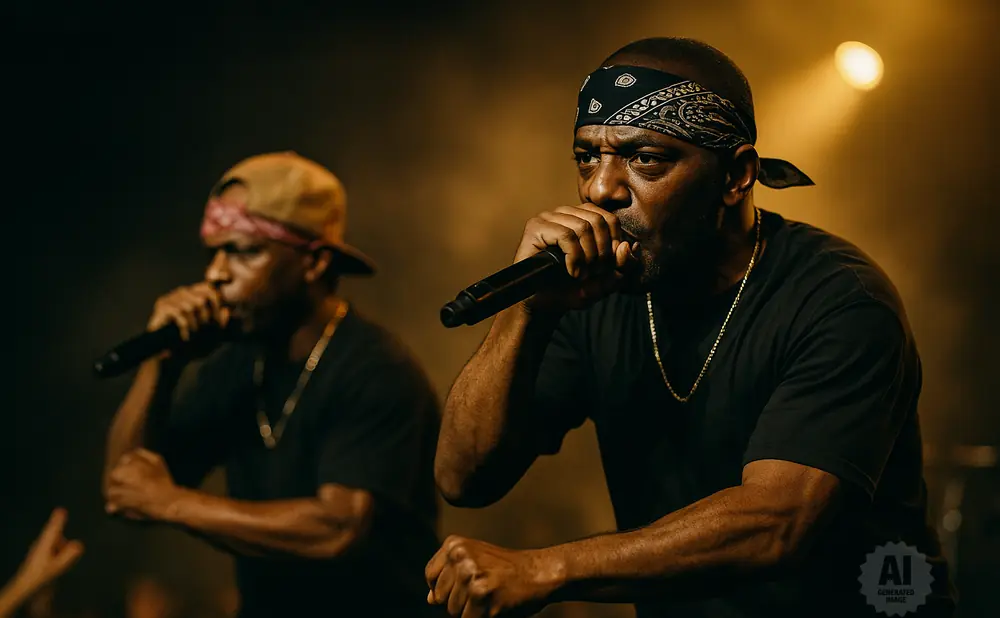Two men rapping into microphones on a dimly lit stage, one in a black bandana, the other in a tan baseball cap.