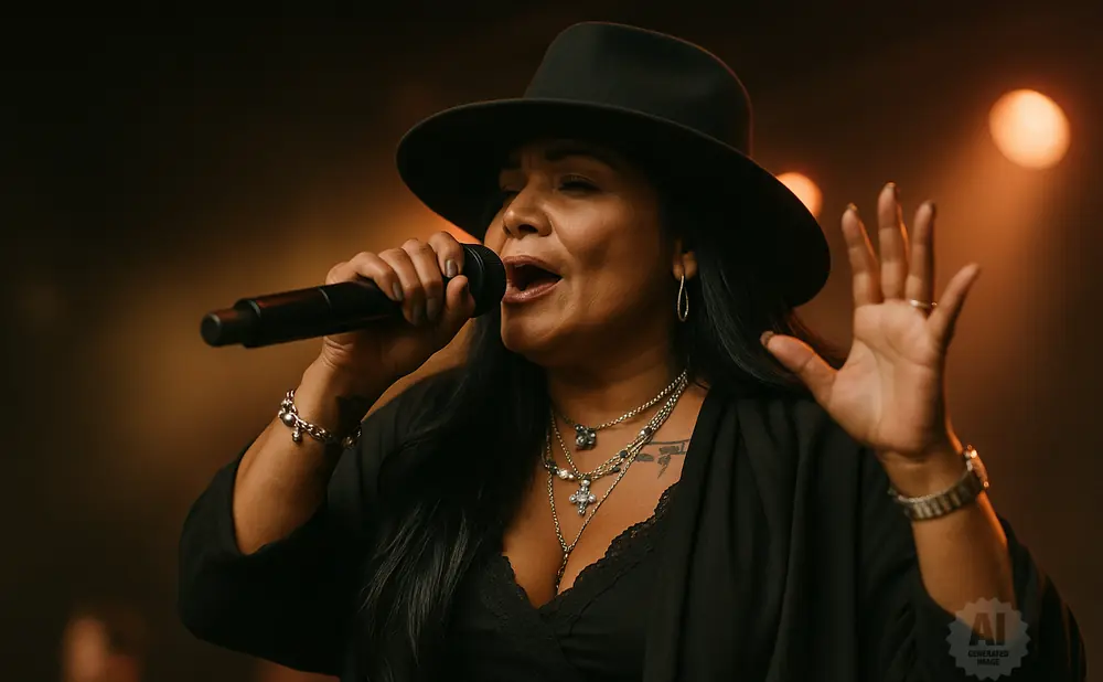 Singer in a black hat and layered necklaces performs into a microphone, with one hand raised.