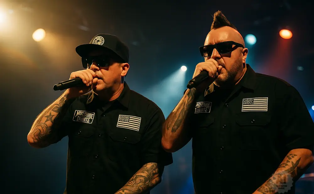 Two men with tattoos on their arms wearing black shirts and sunglasses, rapping into microphones on stage.