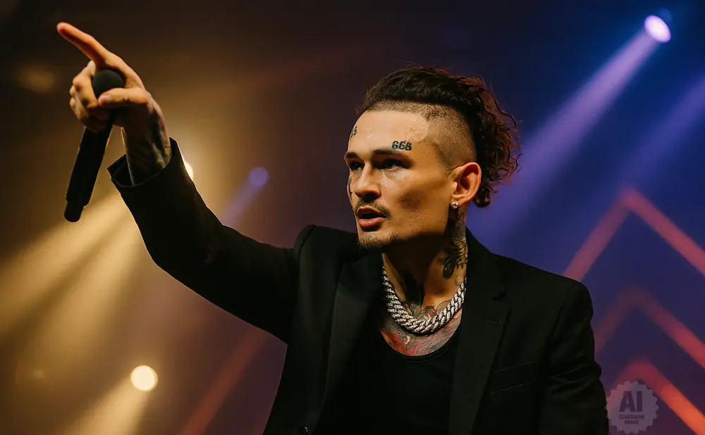 A tattooed man with a microphone points upward while wearing a black blazer and a thick chain necklace.