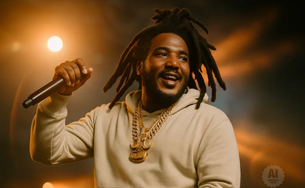 Rapper Teezo Touchdown wearing a tan hoodie and gold chains, holding a microphone and smiling on stage.