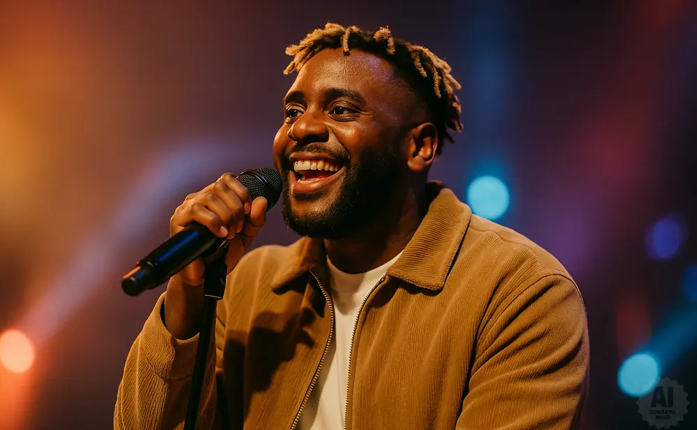 A Black man with dreadlocks smiles and sings into a microphone. He wears a brown corduroy jacket.
